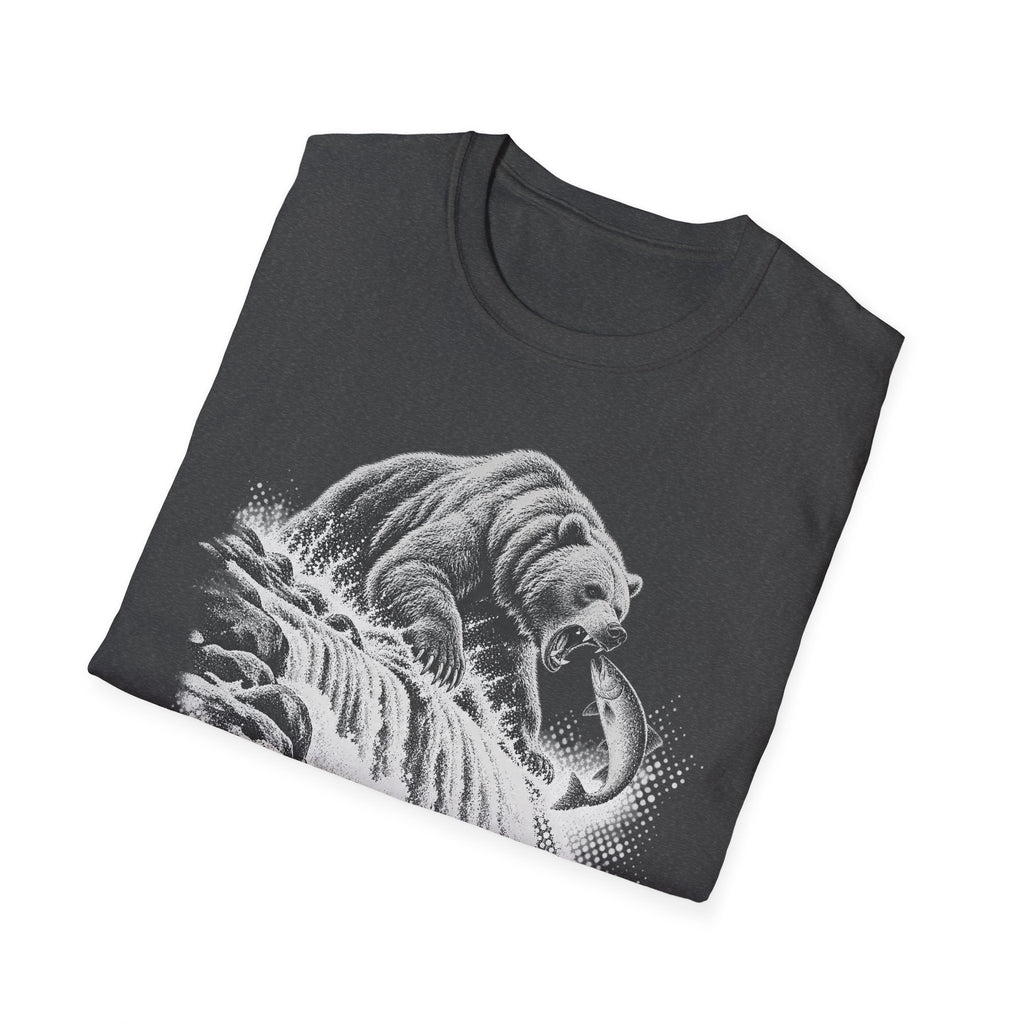 Dark heather crewneck T-shirt with grayscale grizzly bear roaring graphic