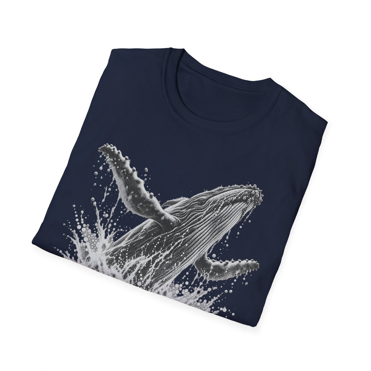 Navy crew-neck T-shirt with white whale breaching graphic and spray.