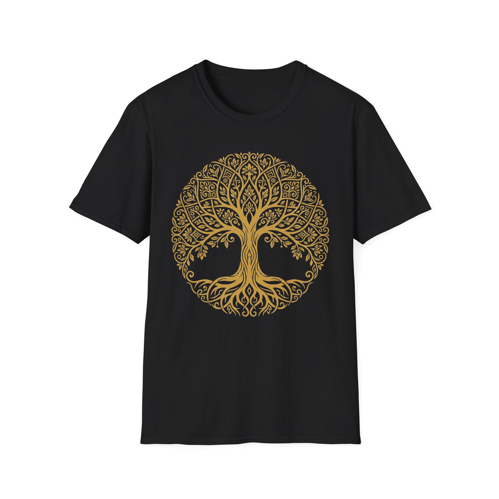 Gold Tree of Life T-shirt, Celtic mandala tree graphic on black tee