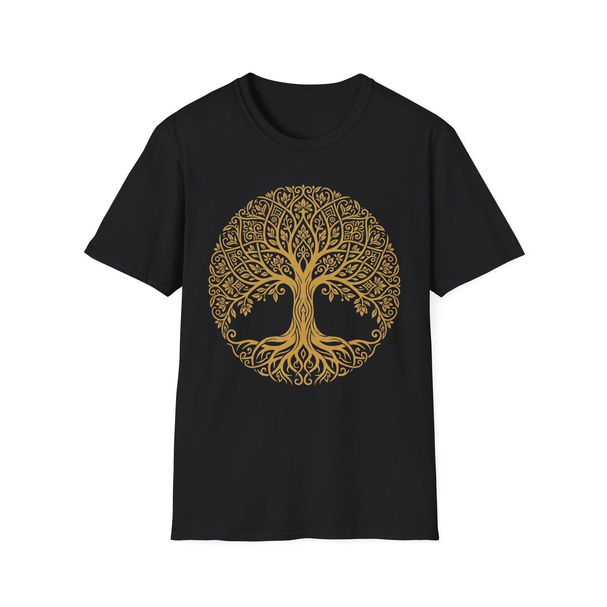 Gold Tree of Life T-shirt, Celtic mandala tree graphic on black tee