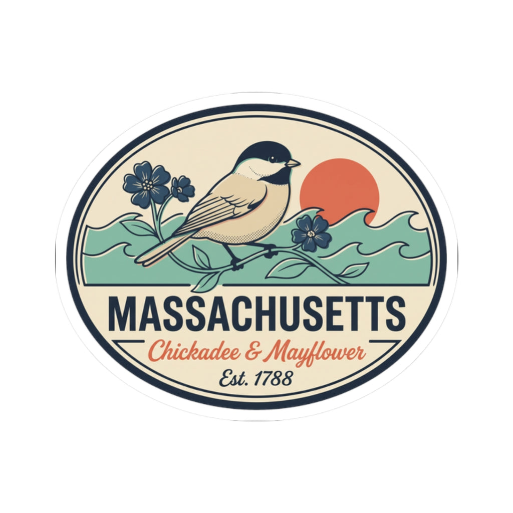 Round vintage-style Massachusetts vinyl sticker, chickadee and mayflower graphic with 'Est. 1788'