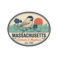 Round vintage-style Massachusetts vinyl sticker, chickadee and mayflower graphic with 'Est. 1788'