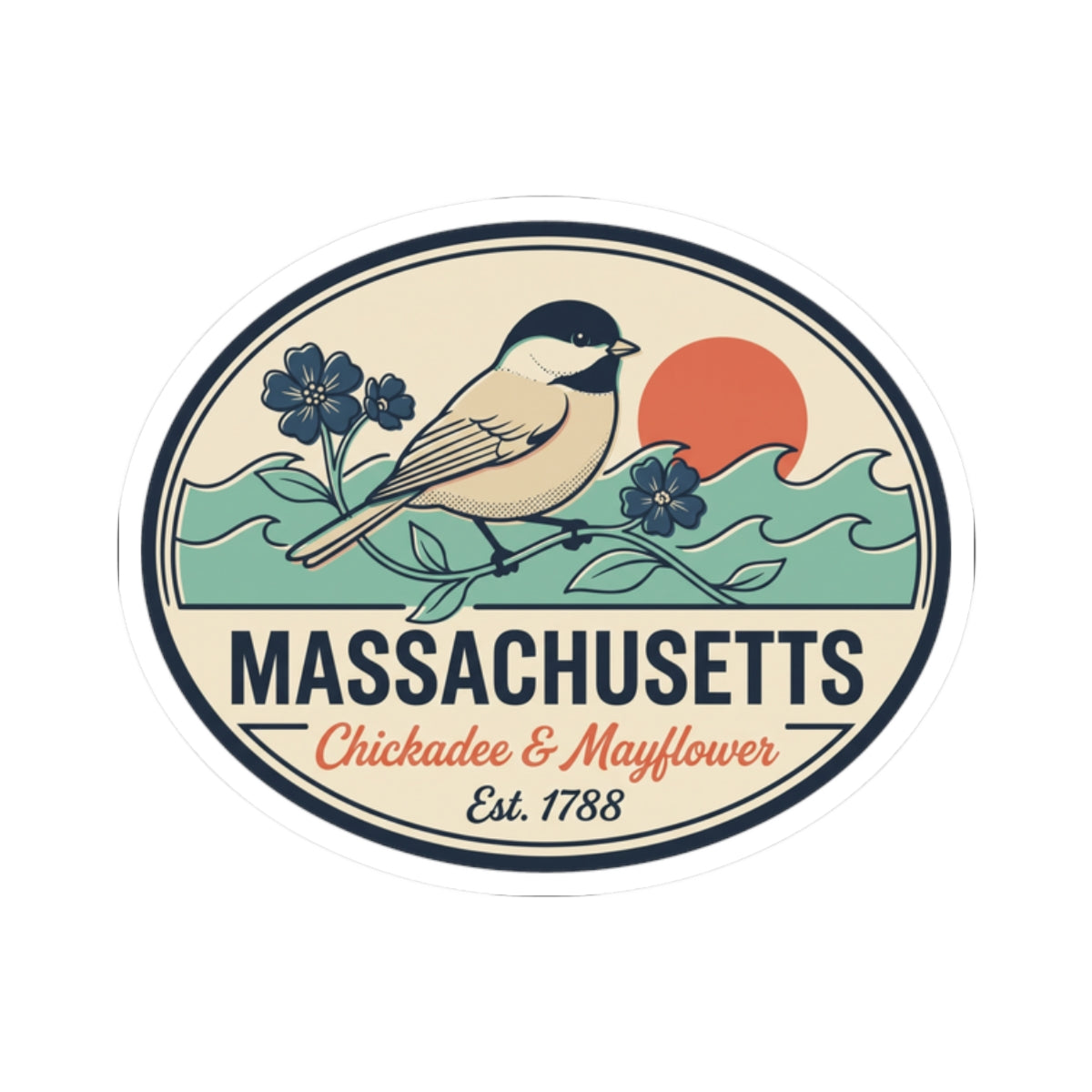 Round vintage-style Massachusetts vinyl sticker, chickadee and mayflower graphic with 'Est. 1788'