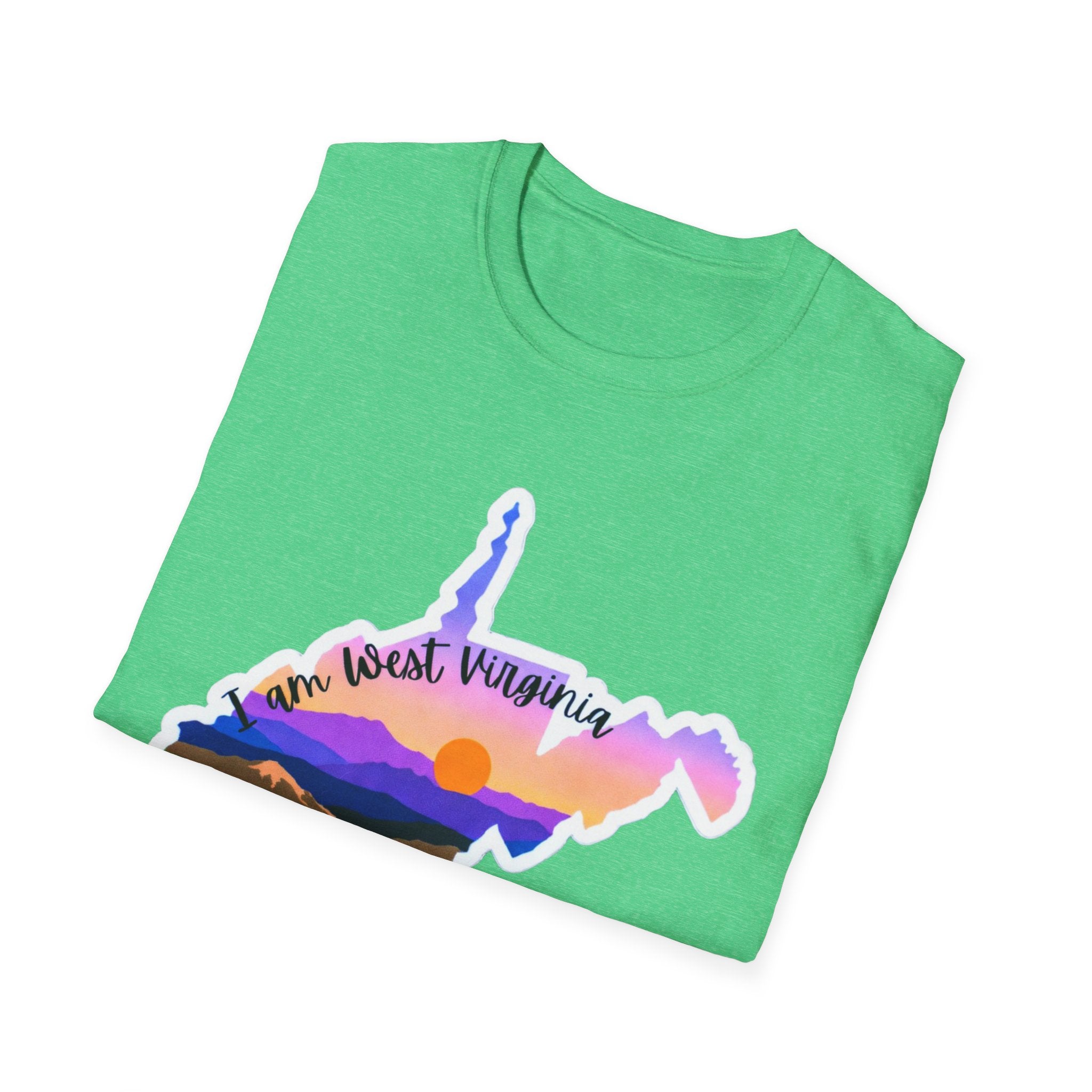 Heather Irish Green T-shirt with West Virginia silhouette, mountains and sunset design