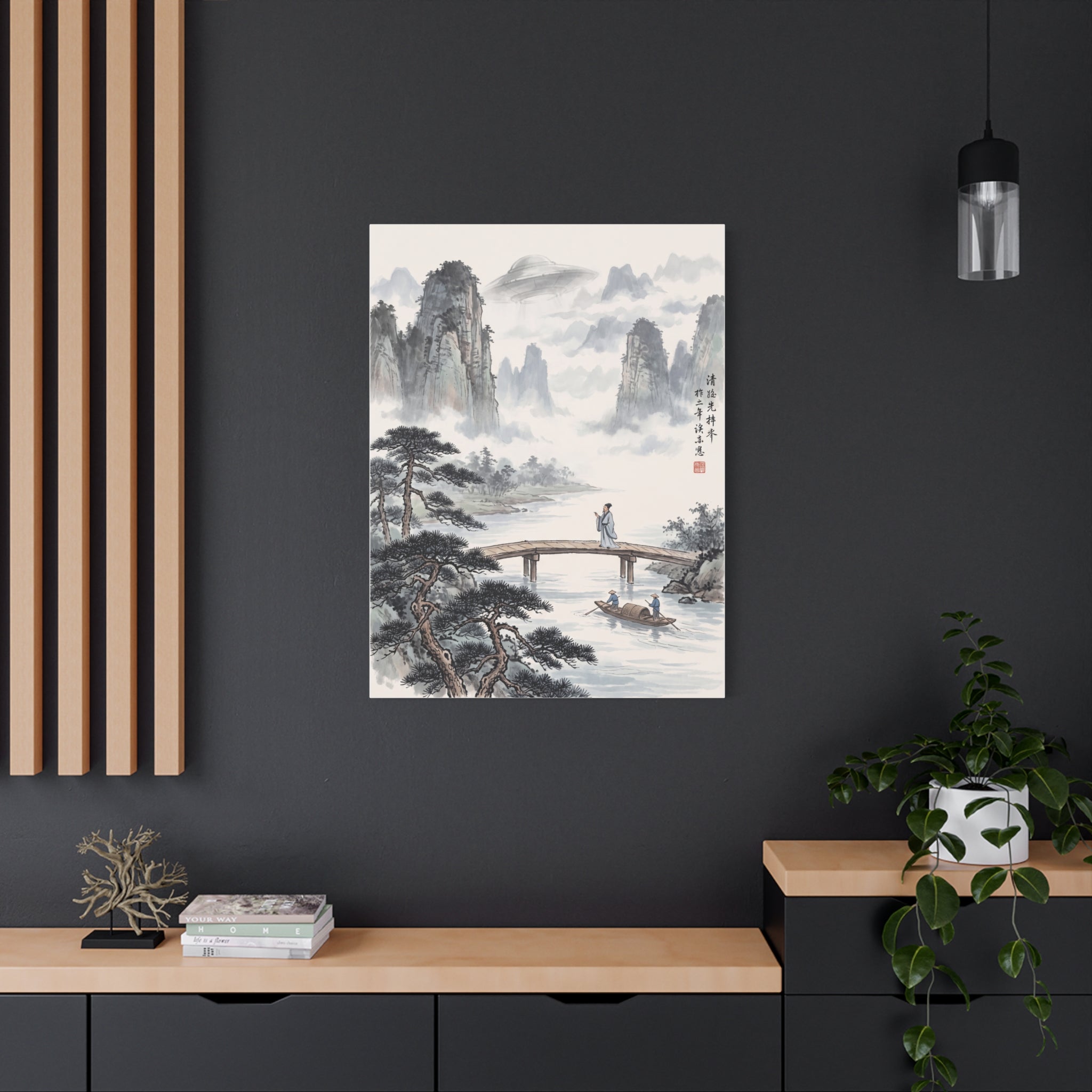Wall art print showing misty mountains, calm lake, bridge walkway, and boats