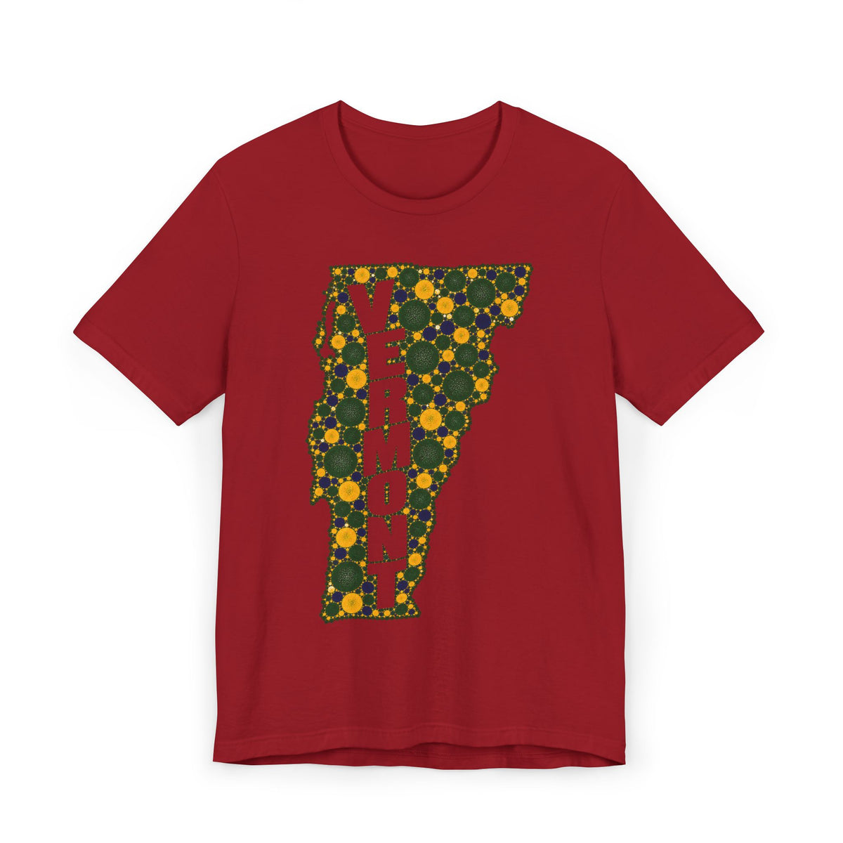 Maroon T-shirt with multicolor floral Vermont outline and VERMONT text graphic.