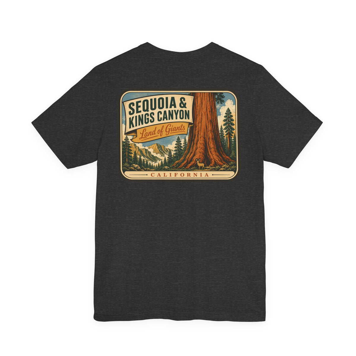 Dark gray crew-neck T-shirt with Sequoia & Kings Canyon rectangle front graphic