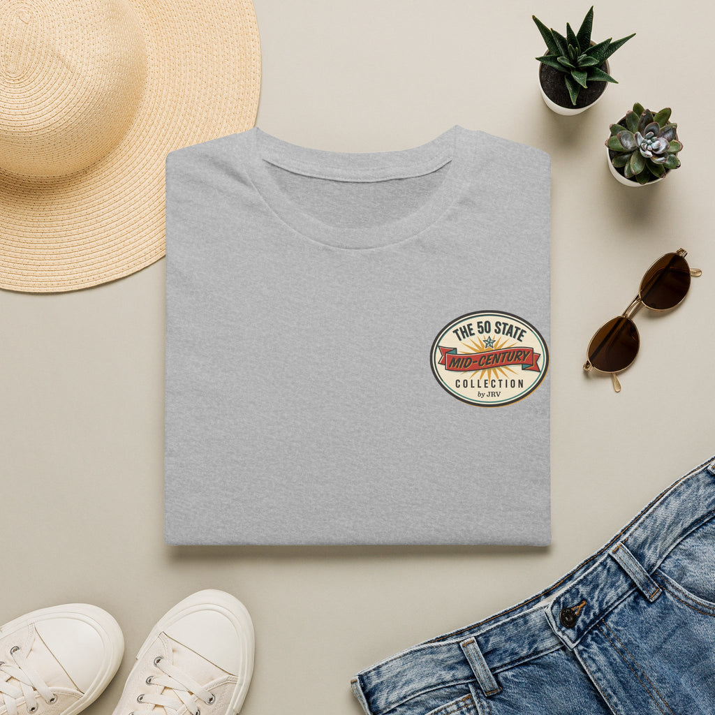 Light gray T-shirt with small round logo patch on the left chest