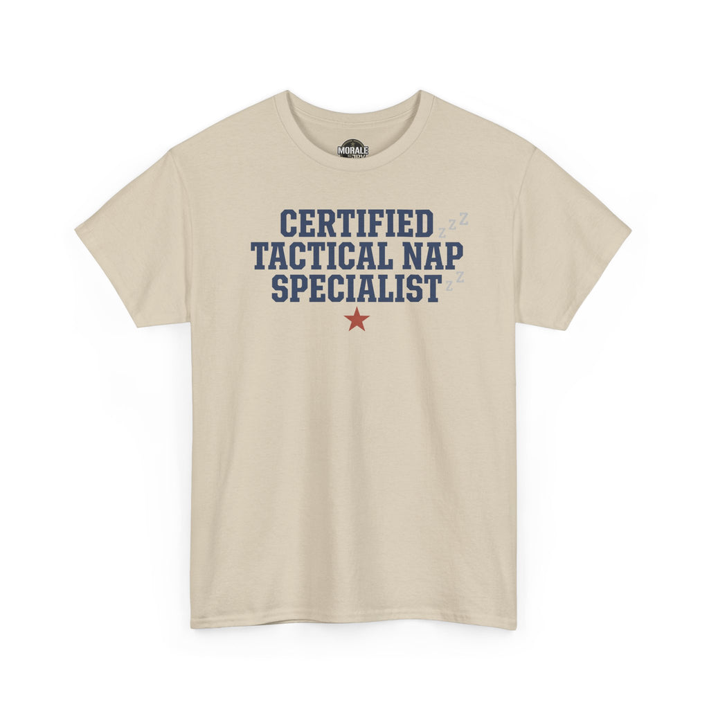 Sand tactical nap specialist tee with “Certified Tactical Nap Specialist” graphic and red star