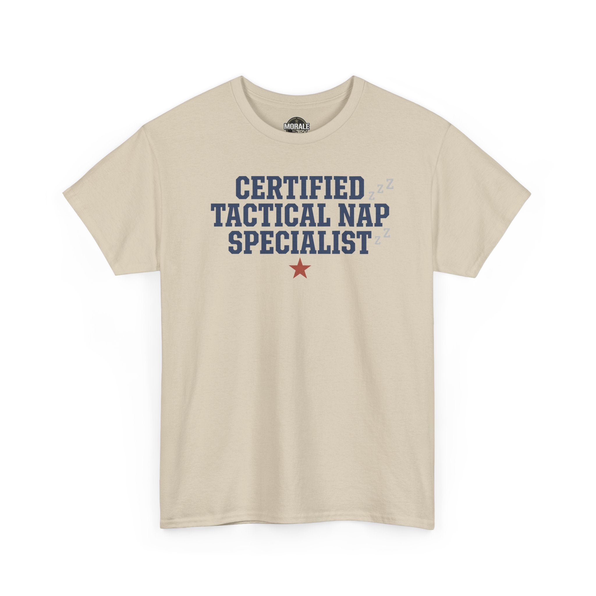 Sand tactical nap specialist tee with “Certified Tactical Nap Specialist” graphic and red star