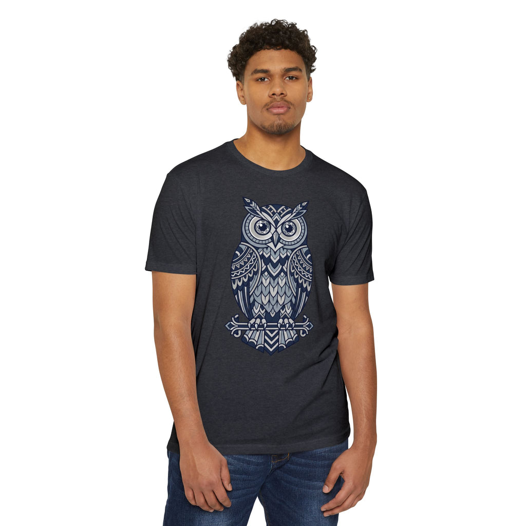 Dark charcoal crewneck T-shirt with blue owl graphic on chest