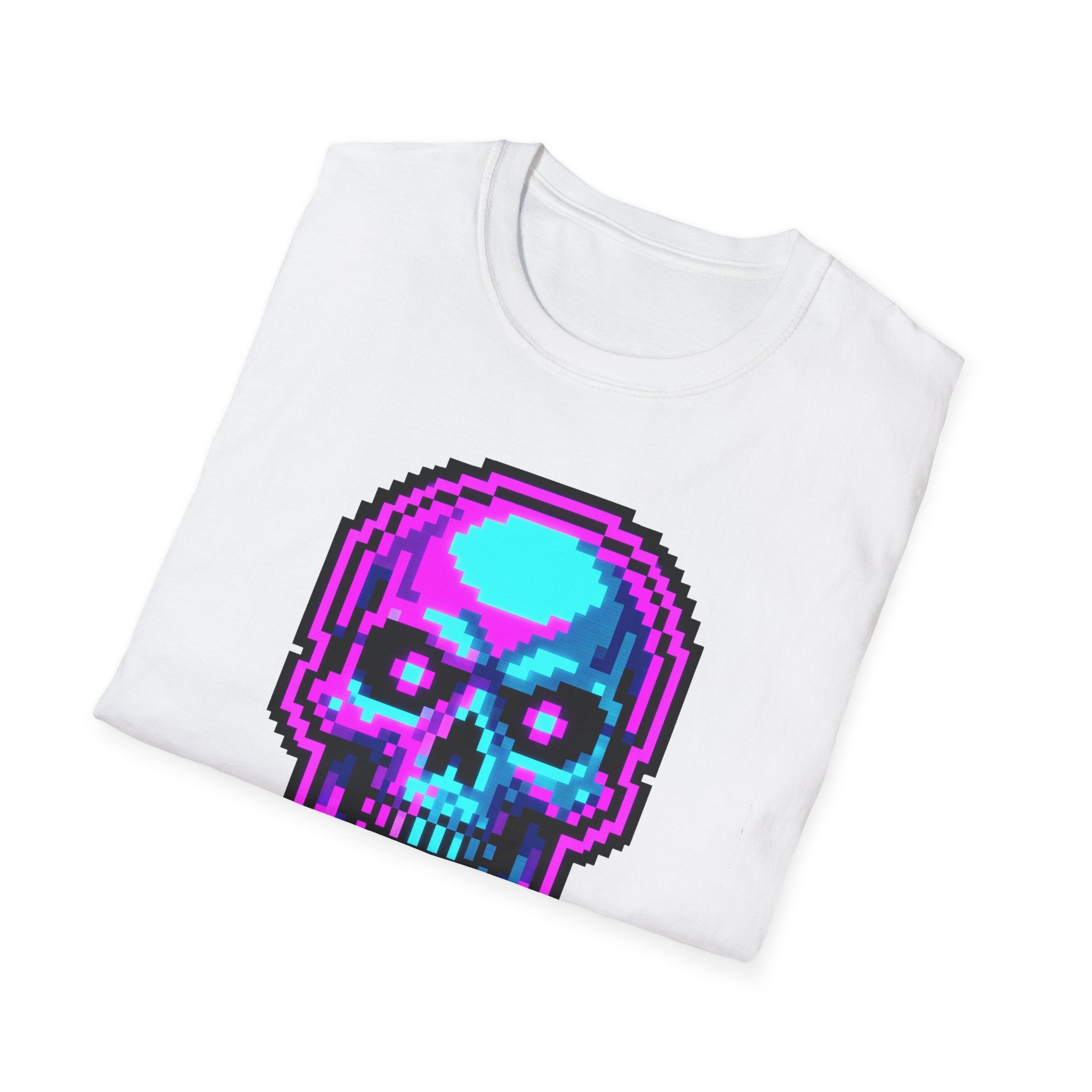 White gamer T-shirt with colorful pixel skull graphic on the front