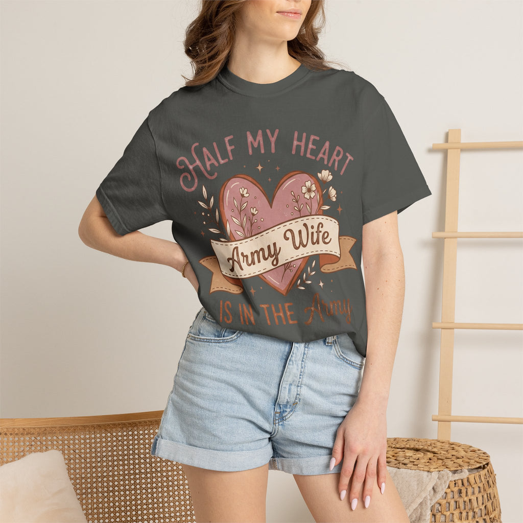 Charcoal T-shirt on model with half-heart 'Army Wife' and 'In the Army' text