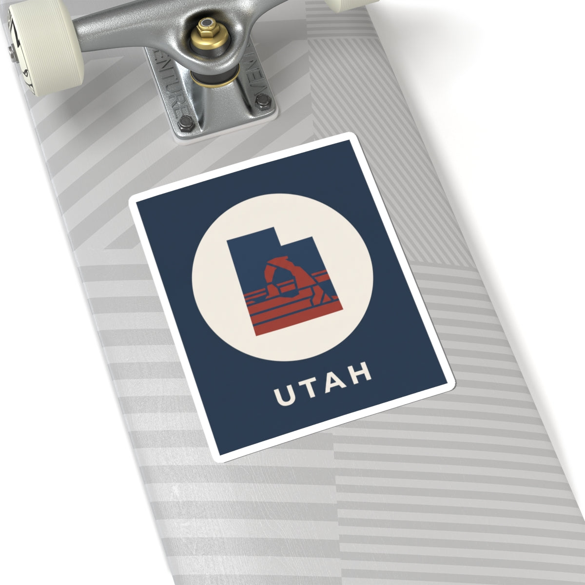 Navy Utah arch sticker with white circle, red-and-blue arch emblem, and "UTAH" text