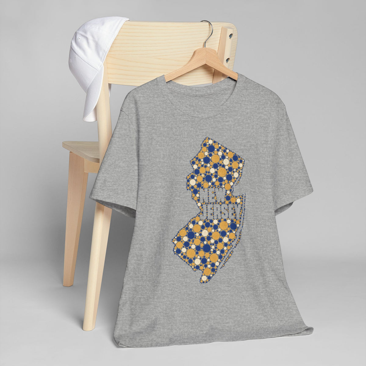 Heather gray crewneck T-shirt with dotted New Jersey floral map graphic