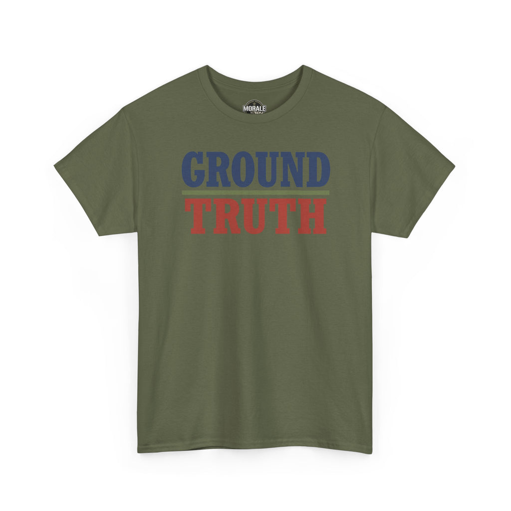 Olive green T-shirt with 'GROUND TRUTH' block text graphic on chest