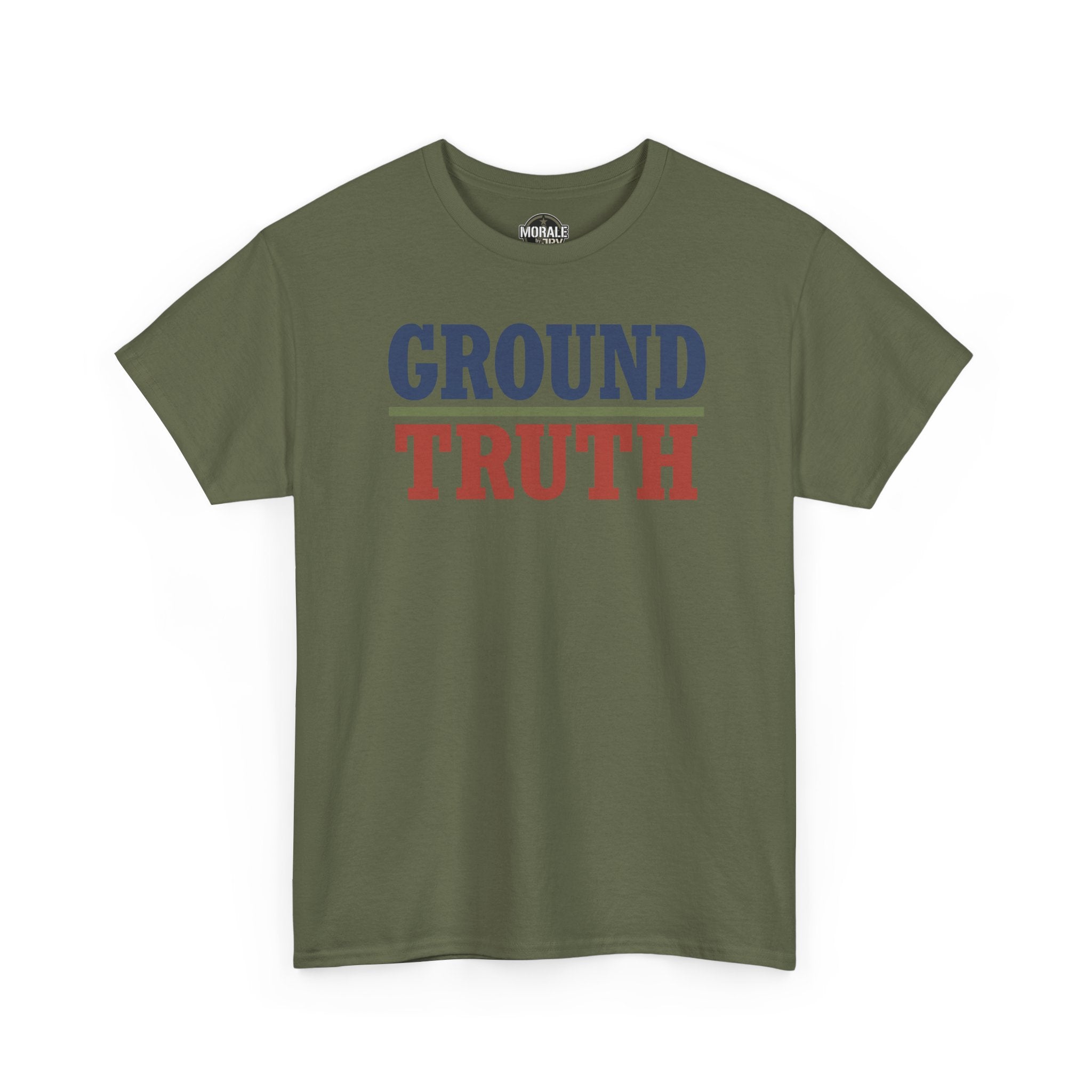 Olive green T-shirt with 'GROUND TRUTH' block text graphic on chest