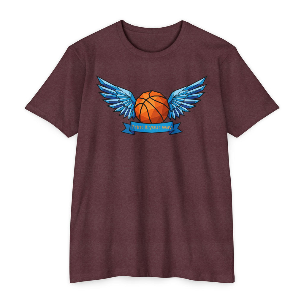 Unisex basketball T-shirt in maroon with blue winged basketball graphic on chest