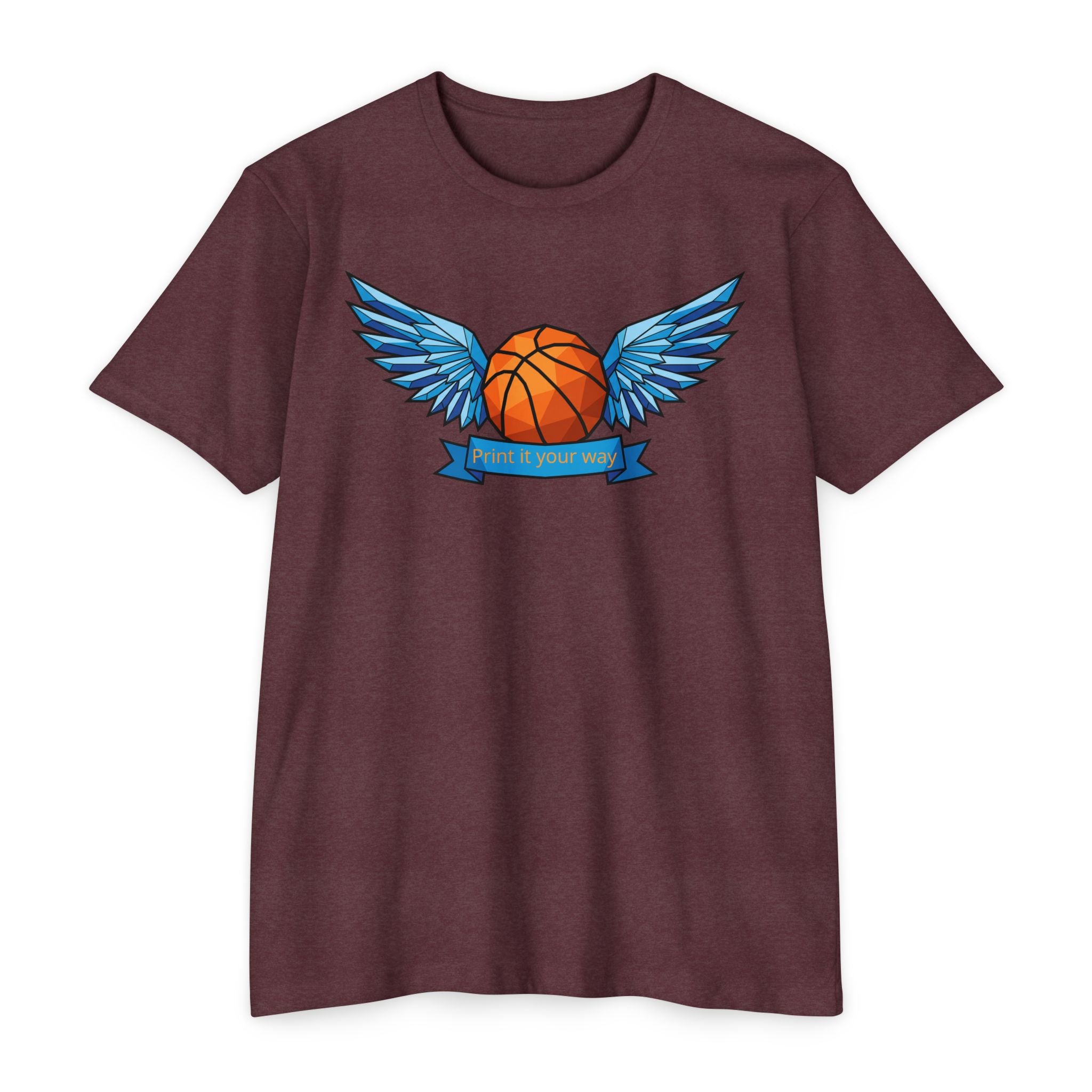 Unisex basketball T-shirt in maroon with blue winged basketball graphic on chest