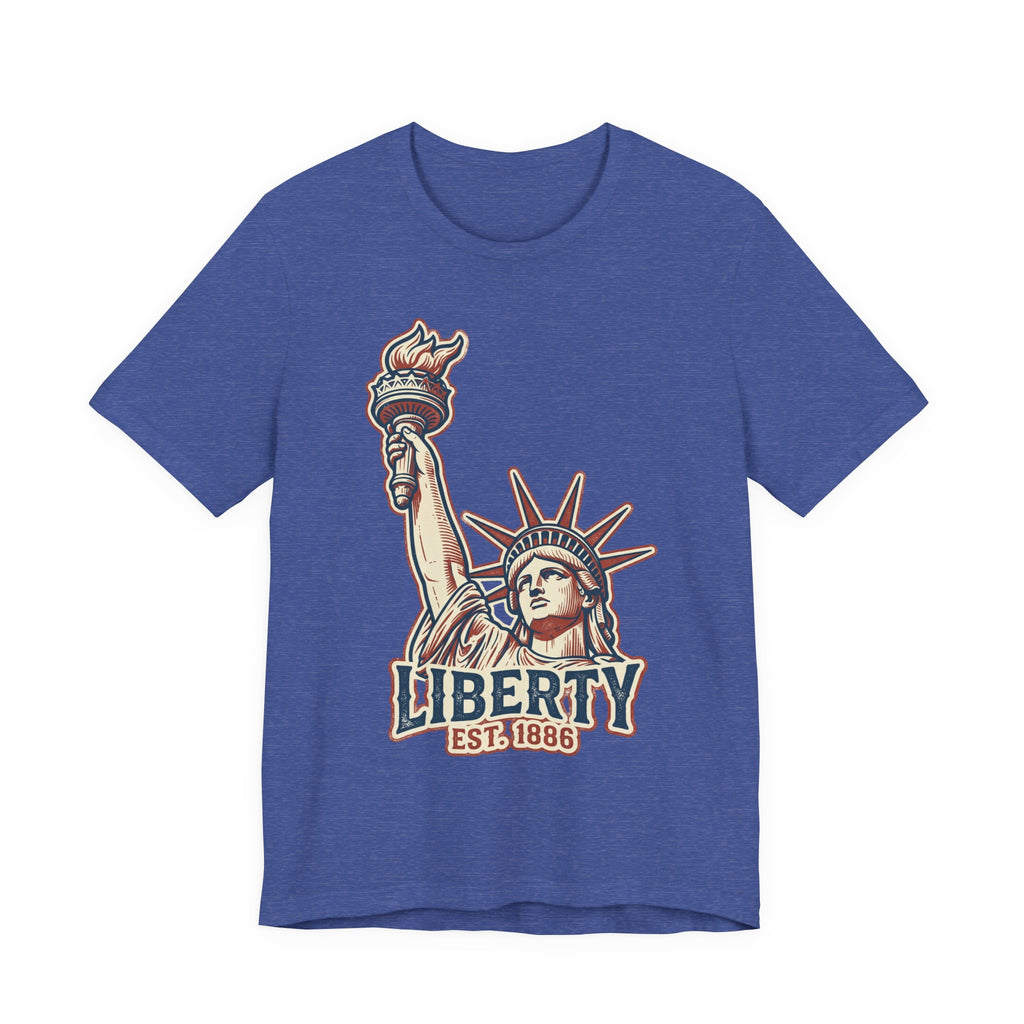 True royal blue crewneck graphic T-shirt with Statue of Liberty and “LIBERTY EST. 1886”