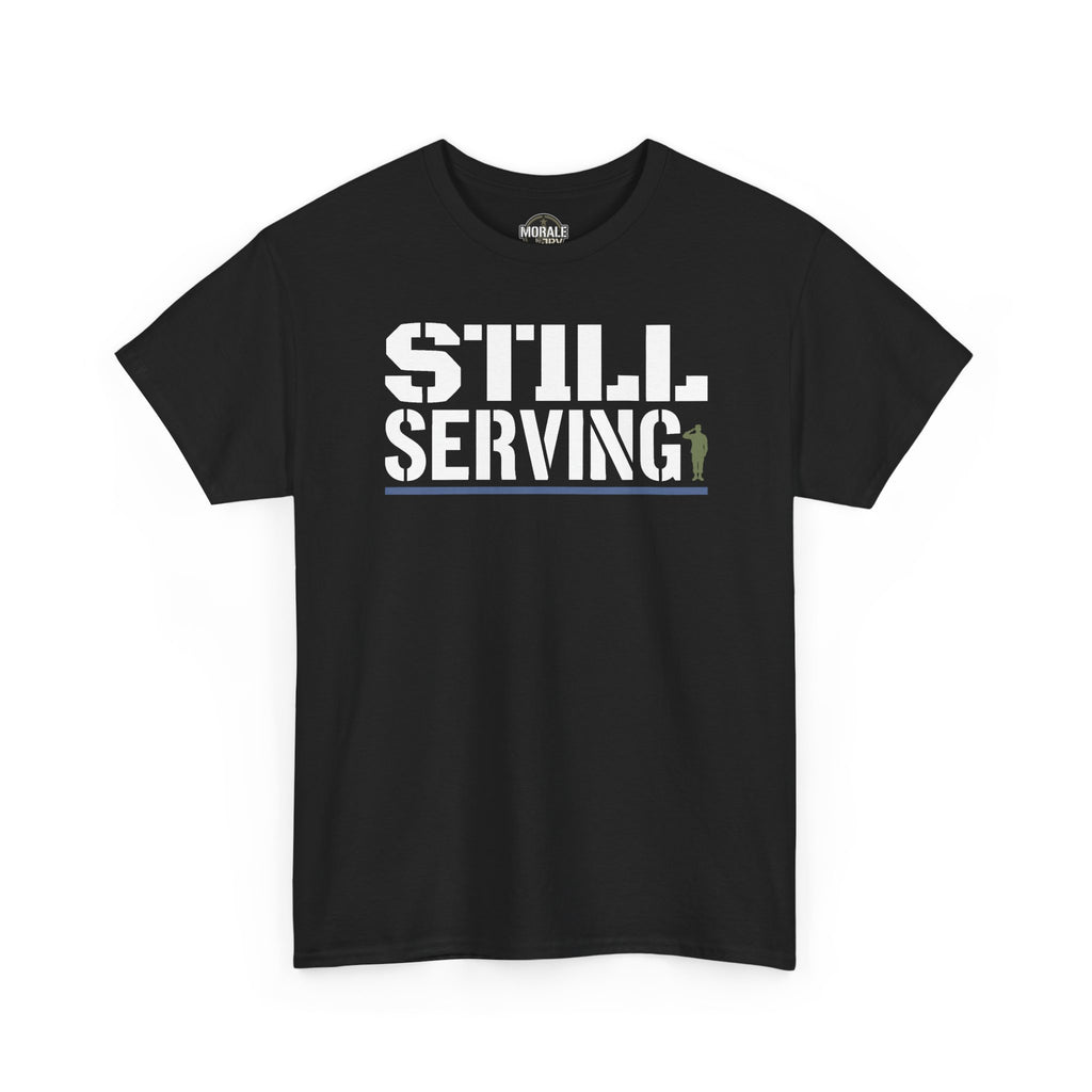 Black crewneck T-shirt with “STILL SERVING” front graphic