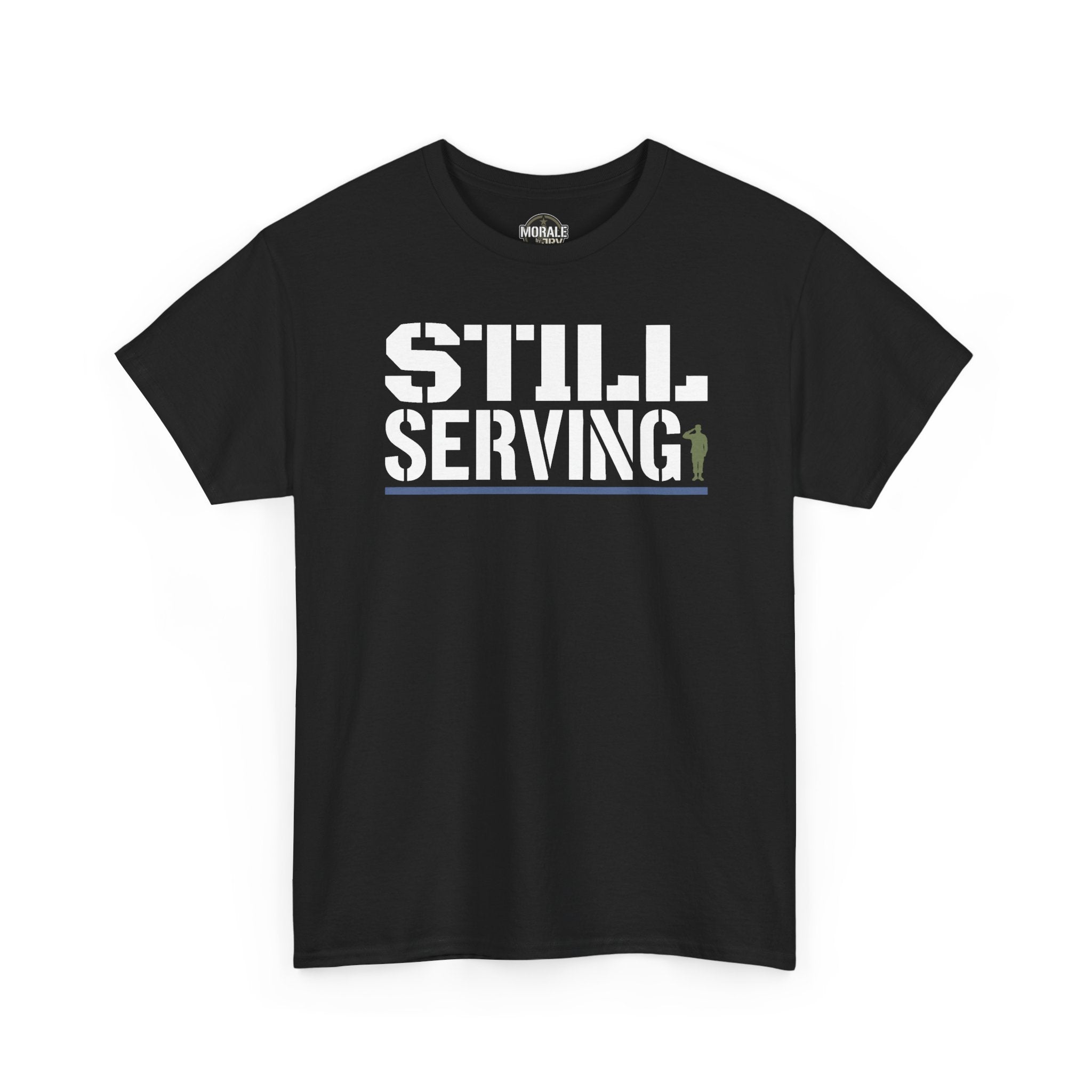 Black crewneck T-shirt with “STILL SERVING” front graphic