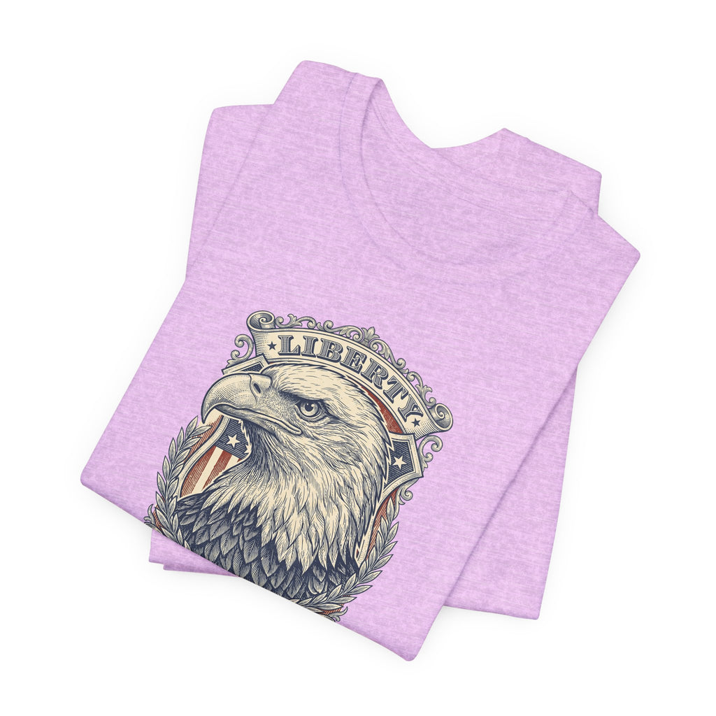 Purple T-shirt with large eagle head graphic and wreath on the chest