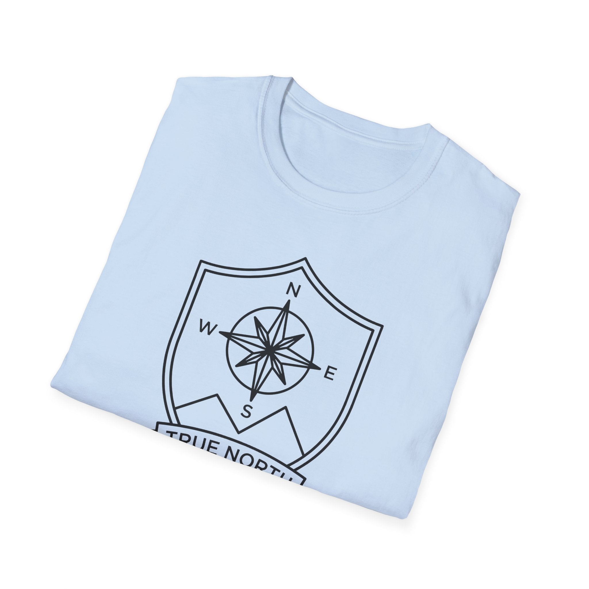 Light blue T-shirt with compass shield graphic on chest, crew neck.