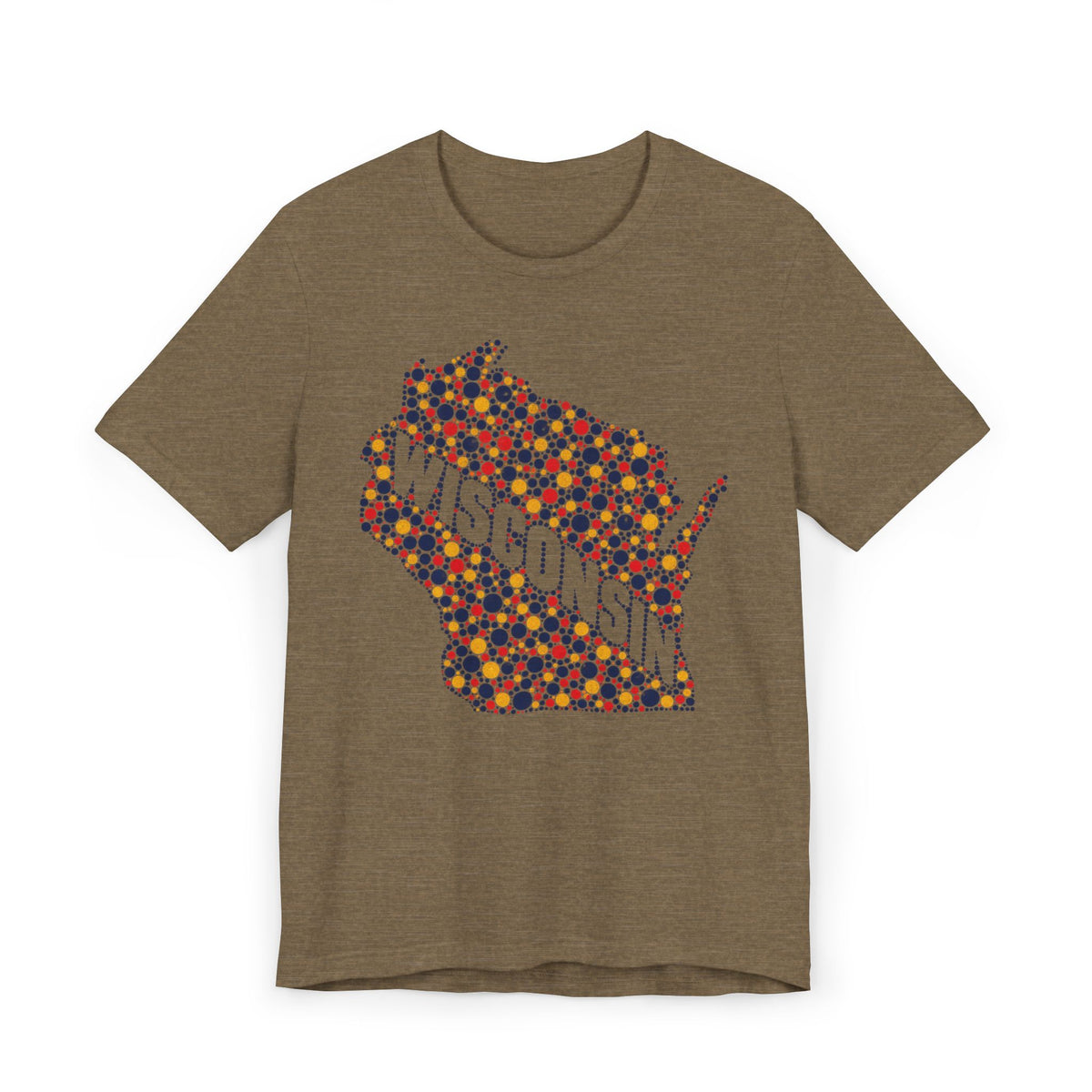 Olive brown Wisconsin map graphic t-shirt with colorful floral dot design