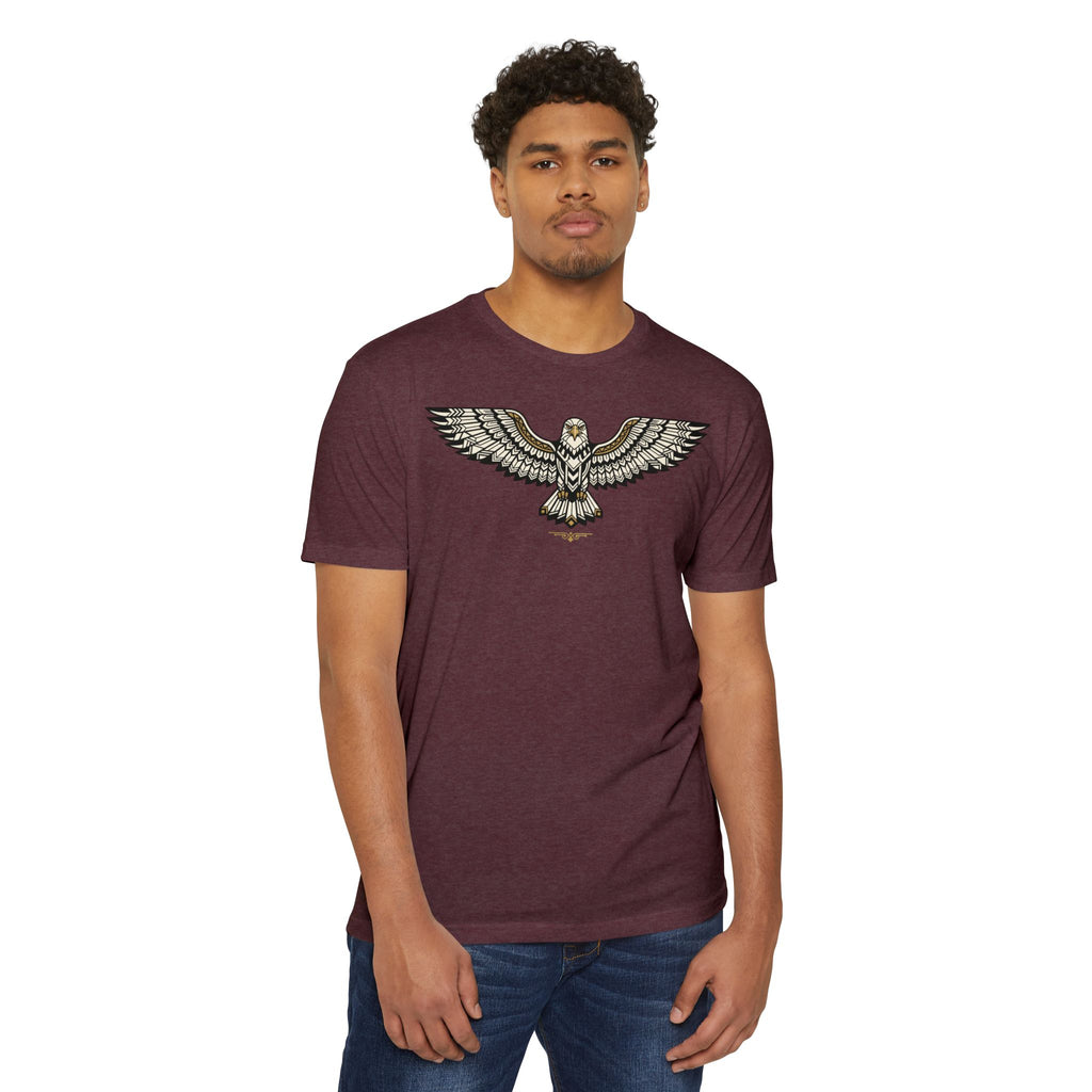 Dark maroon T-shirt with gold and gray soaring owl graphic across the chest
