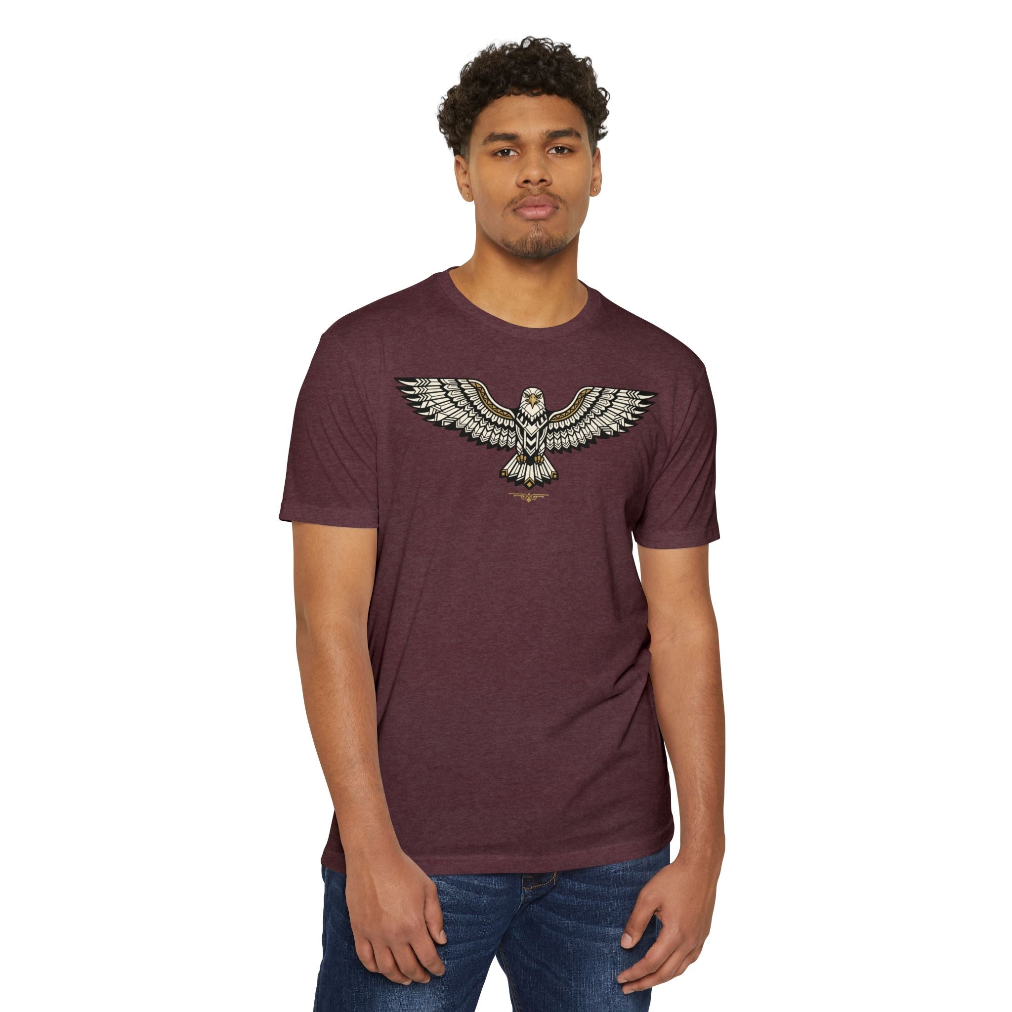Dark maroon T-shirt with gold and gray soaring owl graphic across the chest