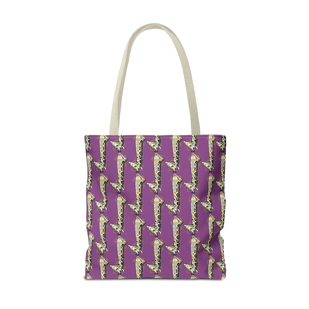 Purple tote bag with repeating saxophone pattern and light canvas top handles