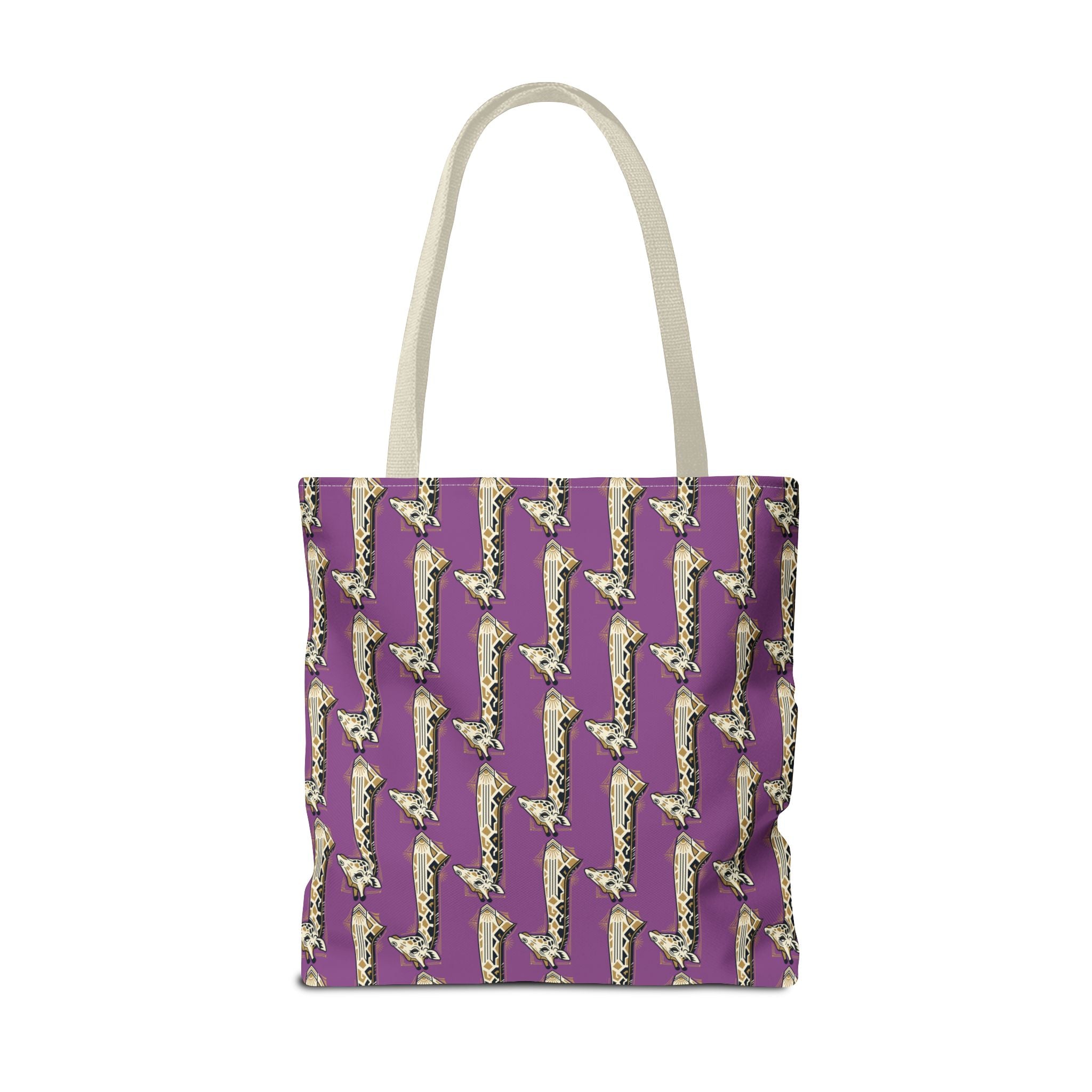 Purple tote bag with repeating saxophone pattern and light canvas top handles