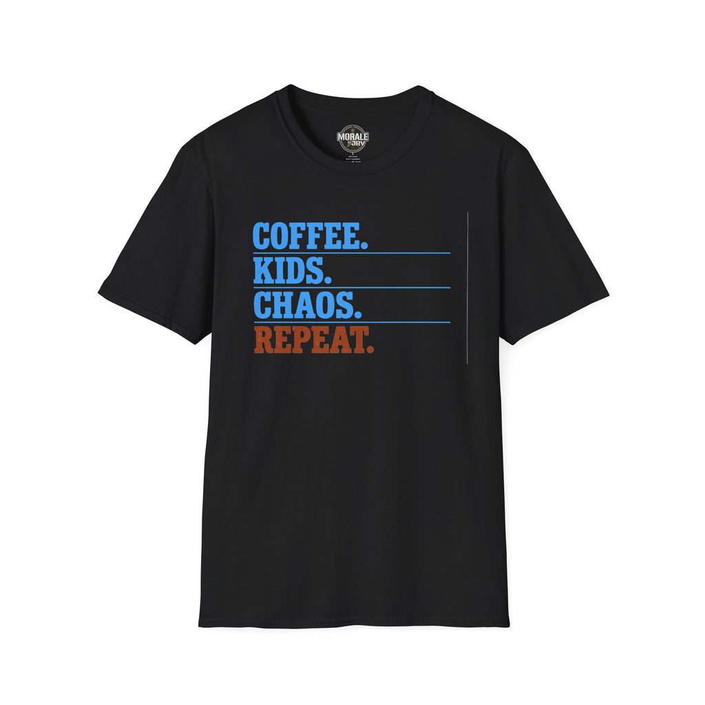 Coffee Kids Chaos Repeat T-Shirt (black) with blue and orange stacked slogan graphic