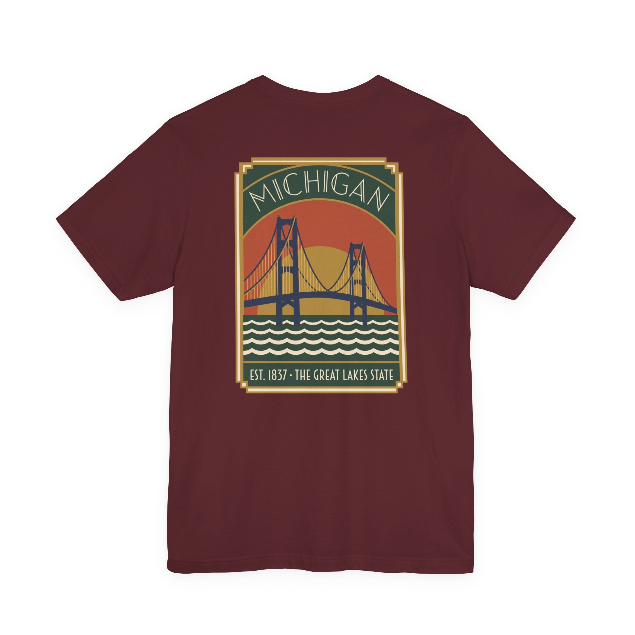 Maroon T-shirt with front art-deco bridge graphic and Michigan banner