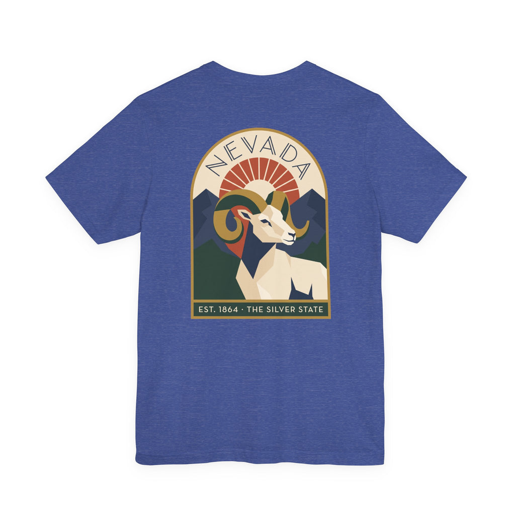 Nevada bighorn sheep art deco T-shirt, heather blue with retro circular chest graphic