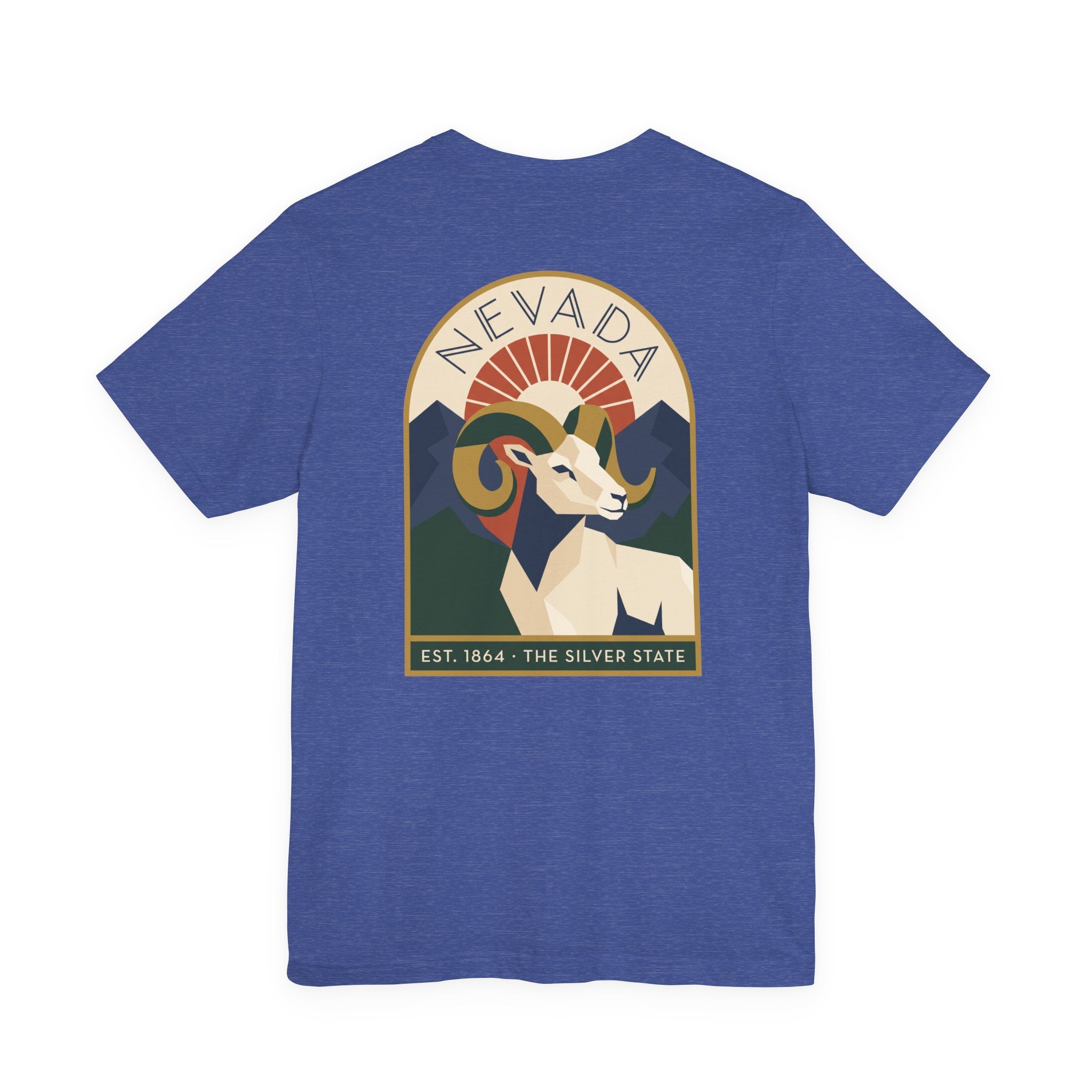 Nevada bighorn sheep art deco T-shirt, heather blue with retro circular chest graphic