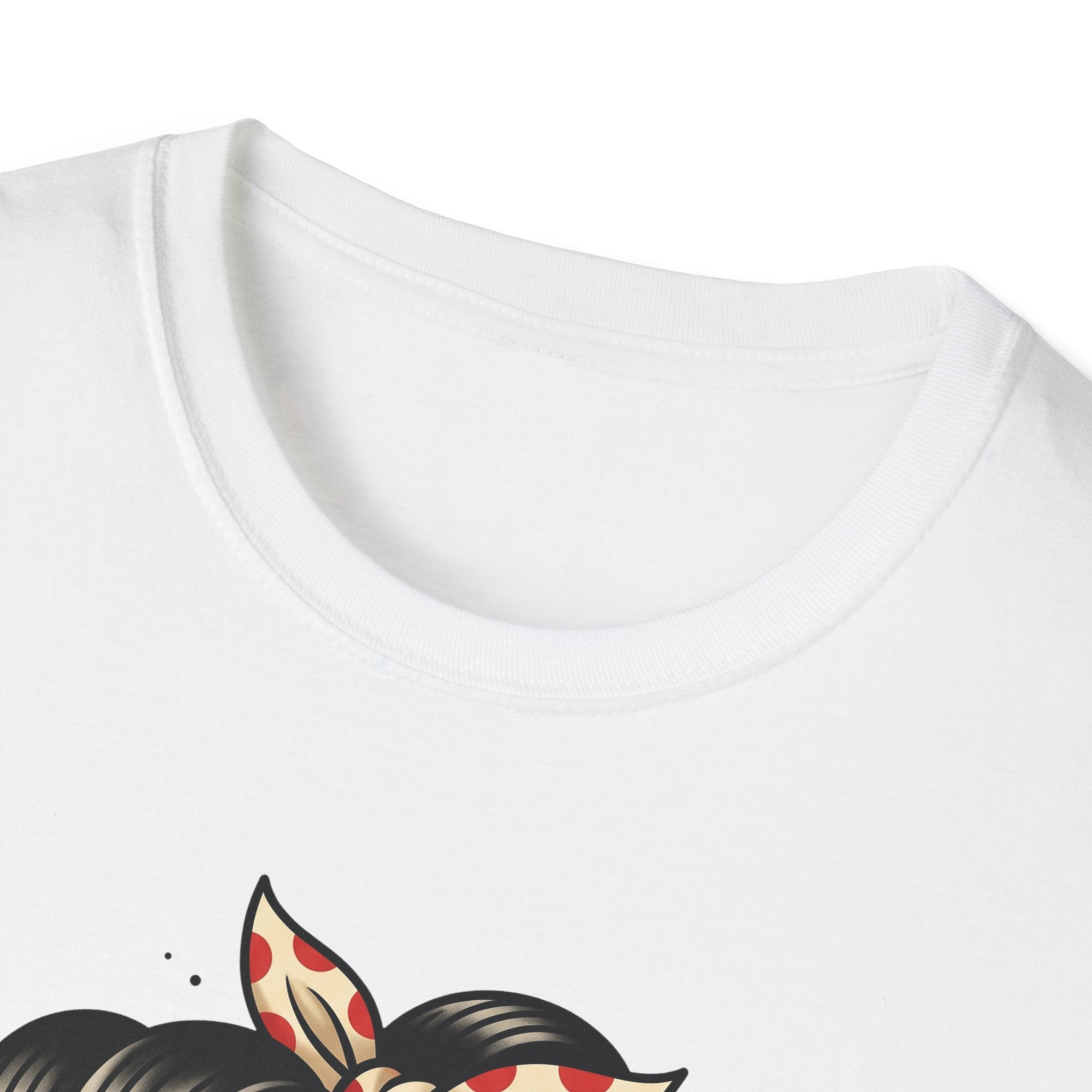 White T-shirt neckline with partial pin-up sugar skull graphic peeking below