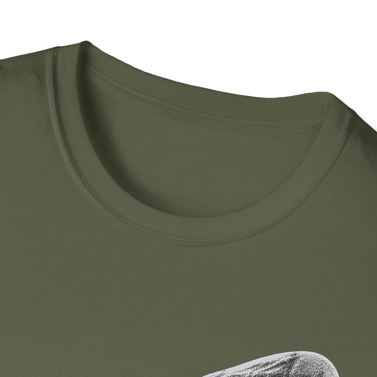 Olive green crew-neck T-shirt, close-up of collar and neckline