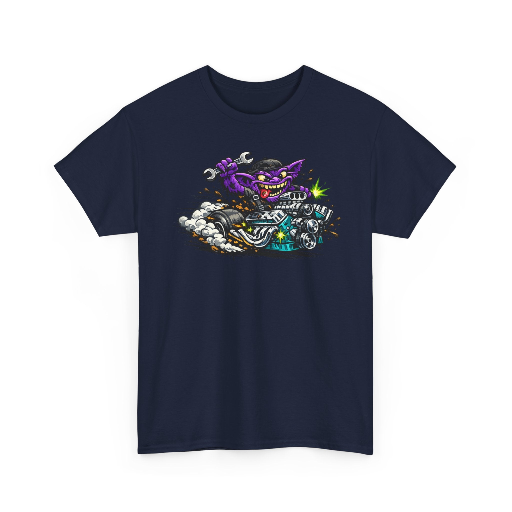 Navy T-shirt with grinning purple cat on motorcycle graphic