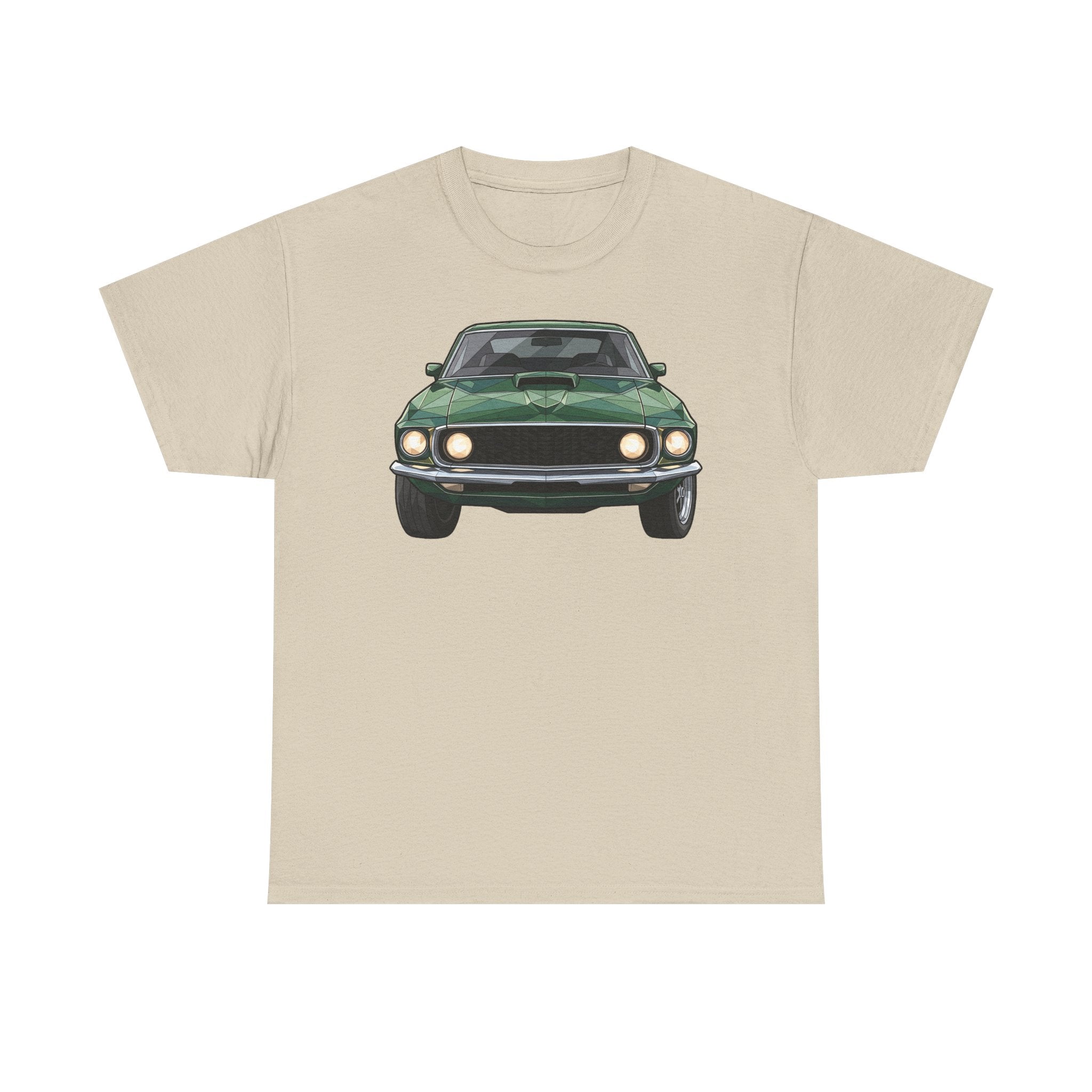 Beige crew-neck T-shirt with vintage green muscle car front graphic