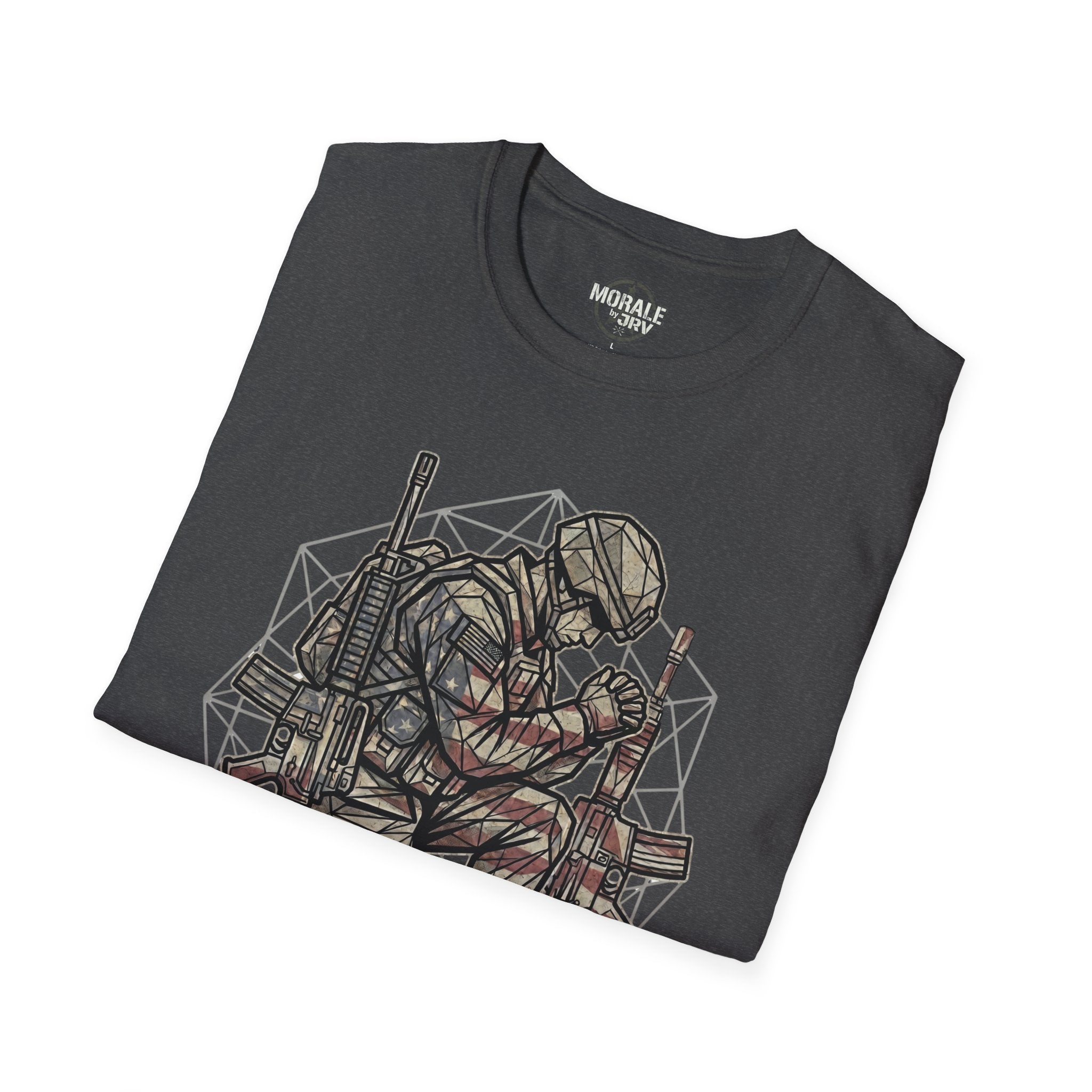 Dark Heather graphic T-shirt featuring praying soldier holding rifle, front view