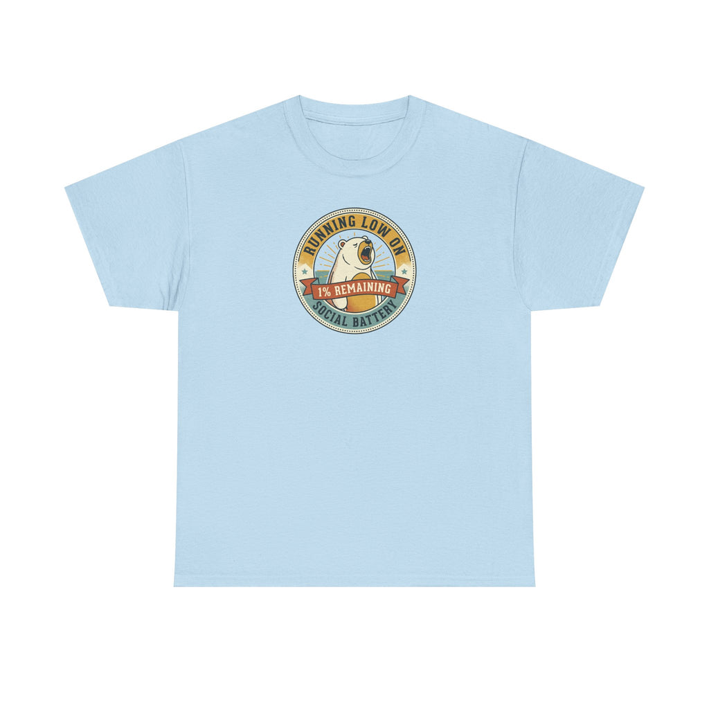 Light blue short-sleeve t-shirt with round retro sloth graphic badge on chest