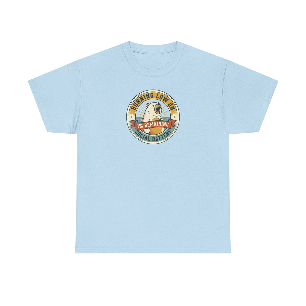 Light blue short-sleeve t-shirt with round retro sloth graphic badge on chest