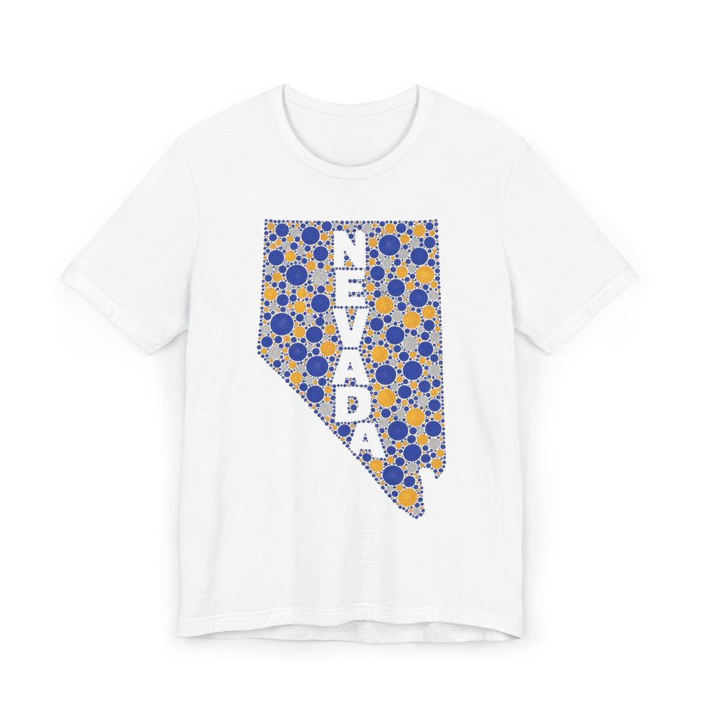 White crewneck t-shirt with blue and gold speckled Nevada map graphic