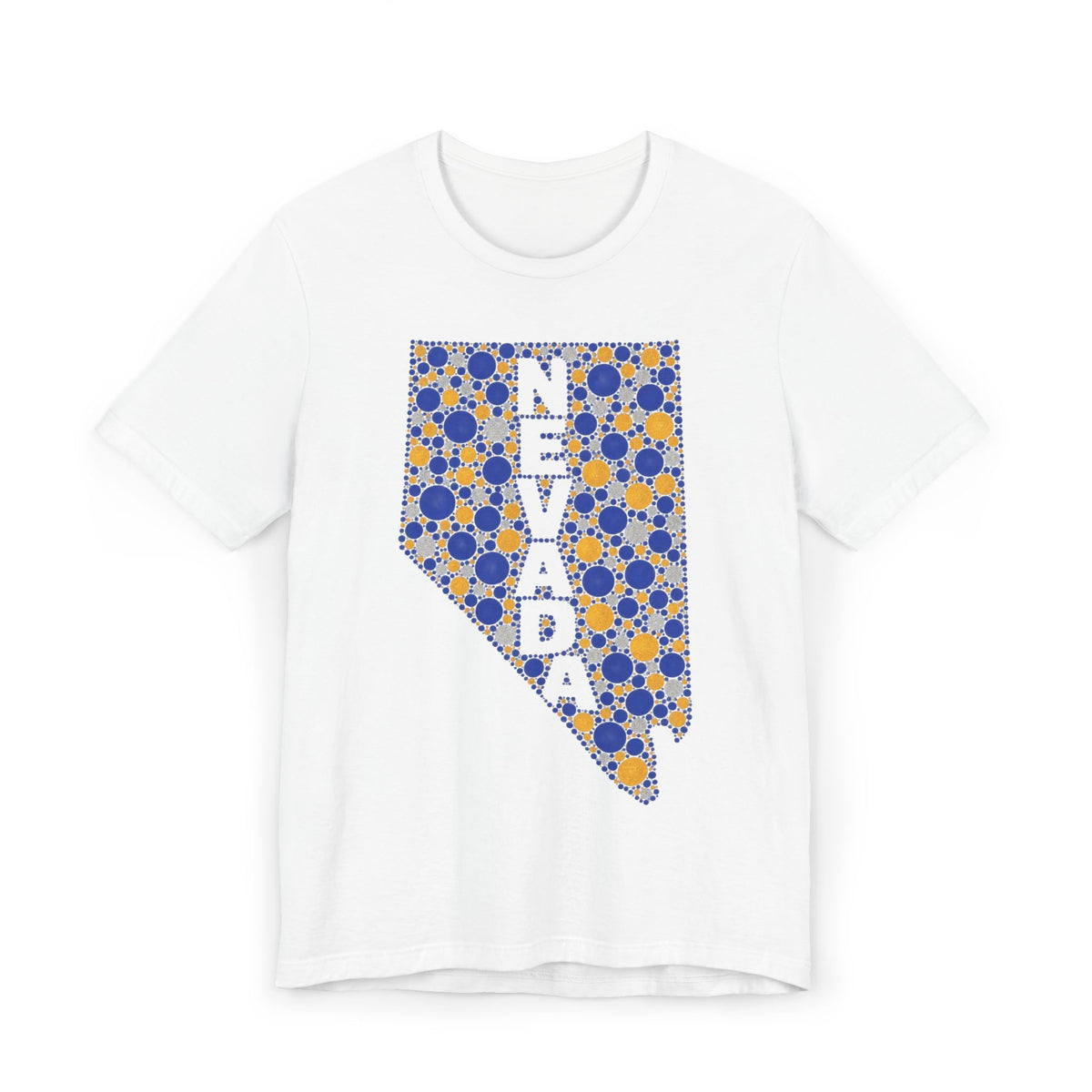 White crewneck t-shirt with blue and gold speckled Nevada map graphic