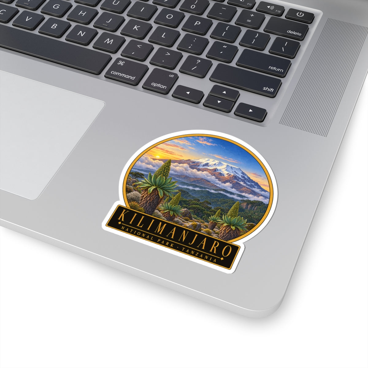 Kilimanjaro circular vinyl decal with sunset mountain landscape and black "KILIMANJARO" nameplate