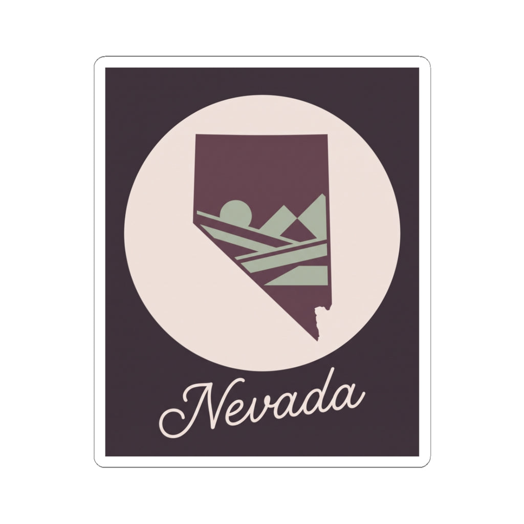 Nevada decal: purple state silhouette with desert art, script 'Nevada' on dark background