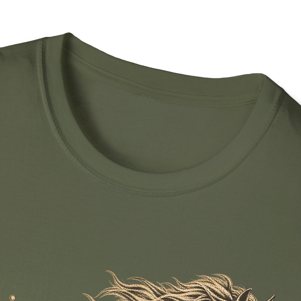 Olive green crewneck T-shirt neckline, horse graphic partly visible