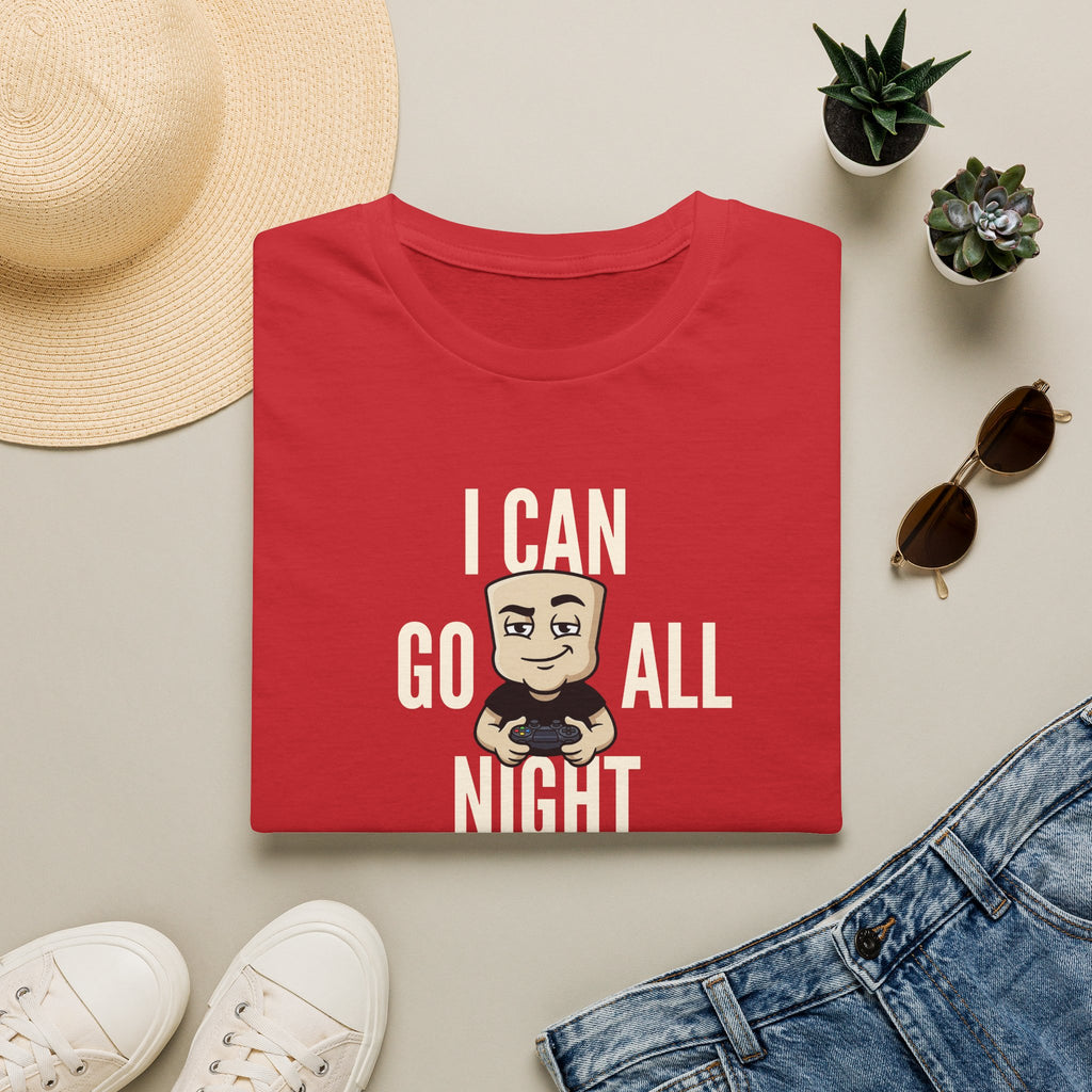 Red T-shirt with “I CAN GO ALL NIGHT” gaming graphic on front